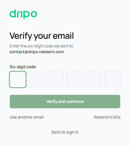 The Verify your email screen: six boxes for the code, a Verify and continue button, and Use another email and Resend links.